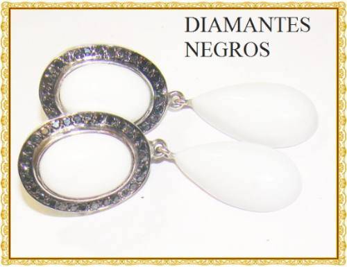 Brinco Indiano de Ouro Branco 18k com Agata e 62 Diamantes Negros Naturais Imagem 1
