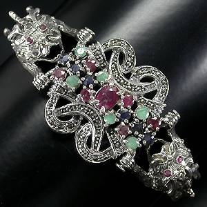 bracelete de dragoes em prata 925 com esmeraldas rubis safiras e marcassitas  Imagem 1