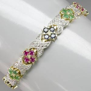 bracelete de ouro amarelo e branco 14k com esmeraldas rubis safiras e 03 diamantes Imagem 1