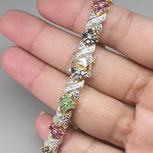 bracelete de ouro amarelo e branco 14k com esmeraldas rubis safiras e 03 diamantes Imagem 3