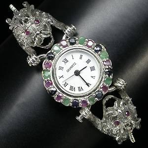 Relógio/Bracelete de Prata 925 com Esmeraldas, Rubis, Safiras e Marcassitas Naturais